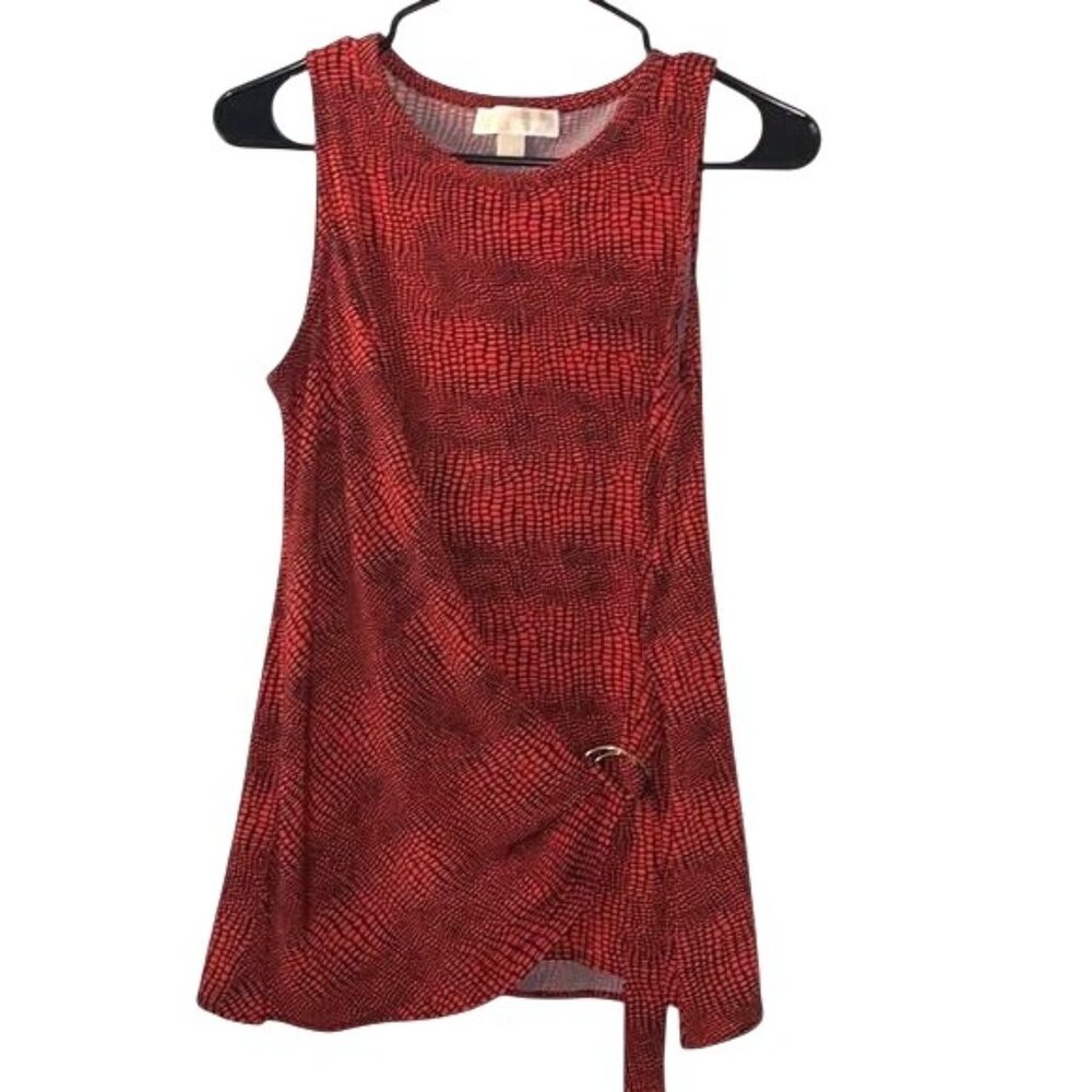 Michael Kors Red Sleeveless Tunic Top With Belted Detail & Textured Pattern